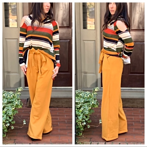 ✨LAST ✨Mustard side pockets belted wide leg pants - Picture 4 of 8